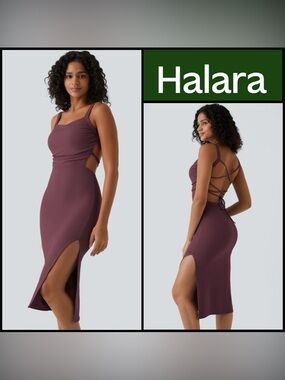 HALARA Ruched Backless Crisscross Lace Up Split Bodycon Midi Dress XS Plum